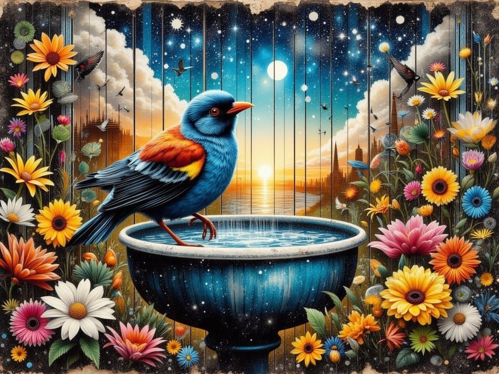 Vibrant Bird in Papier-Mâché Bath