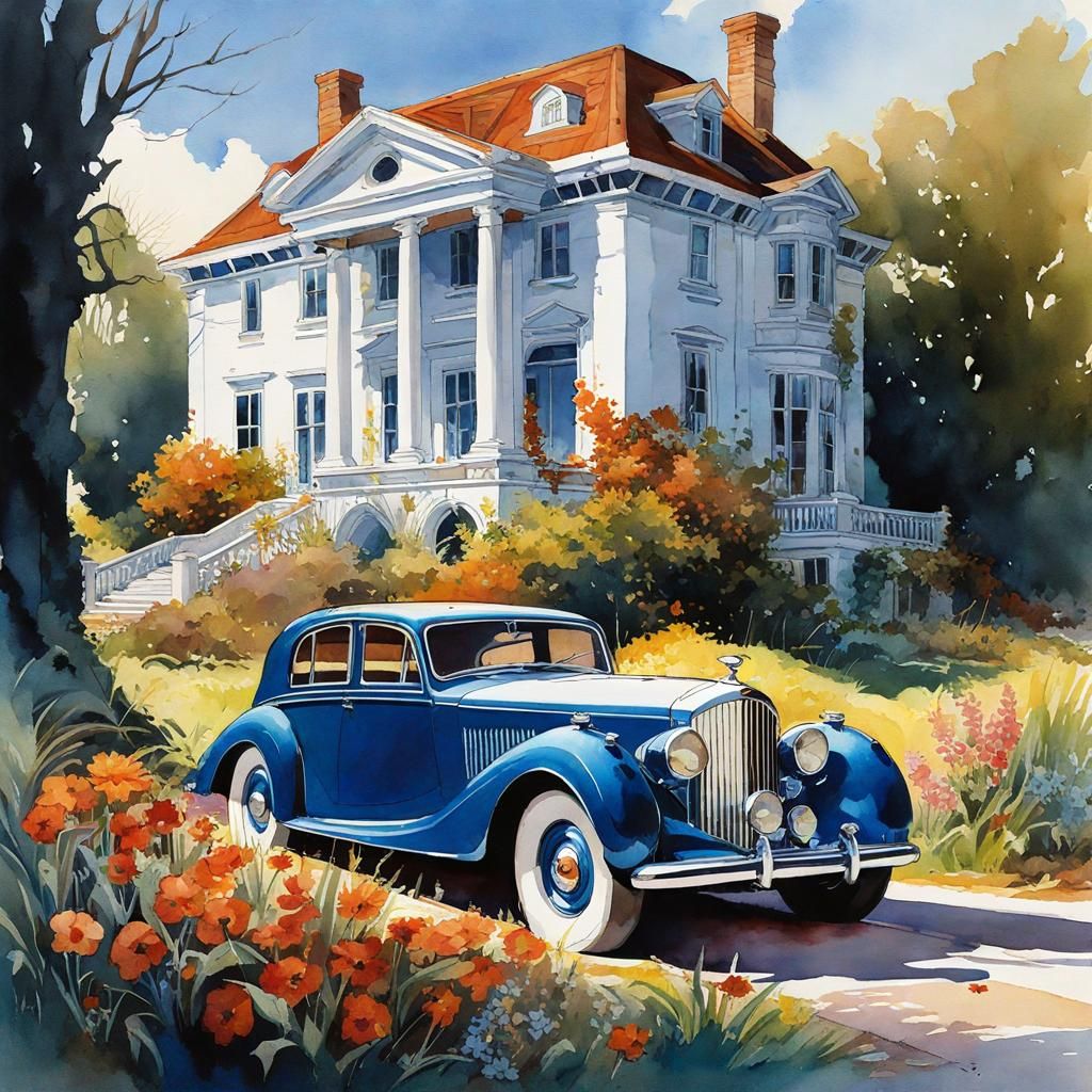 Sunlit Abandoned 1939 Bentley in Watercolor Style