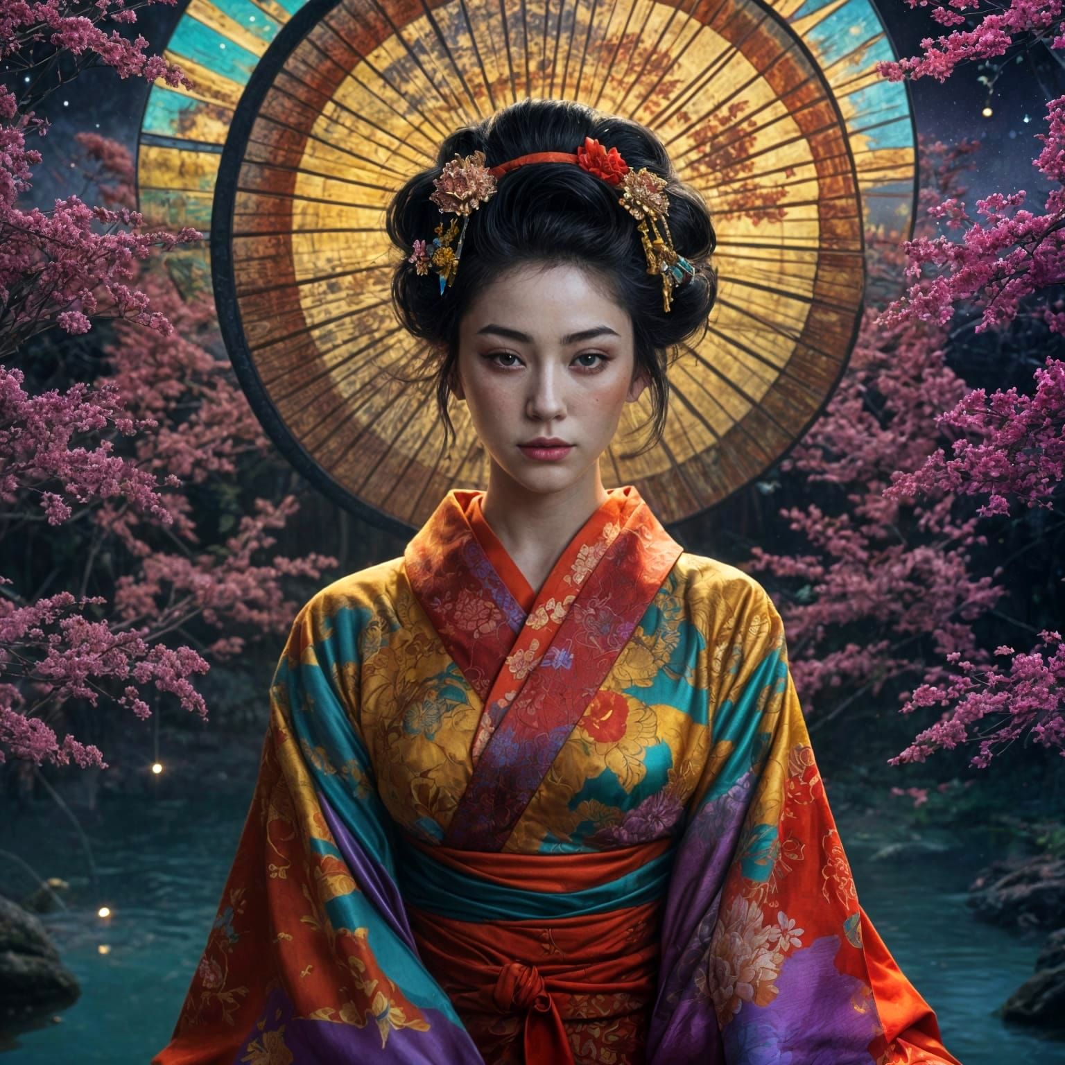 Geisha in Mirrored Reflection with Golden Motifs