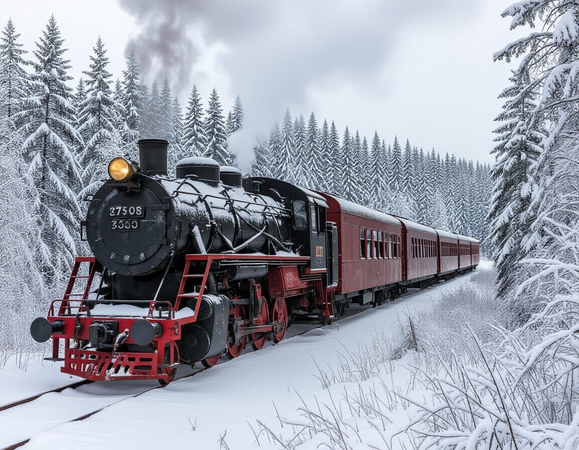 Post-Apocalyptic Frozen Train in Snowy Forest