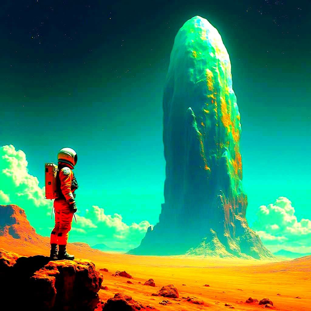 Retro Astronaut and Crystalline Alien Encounter