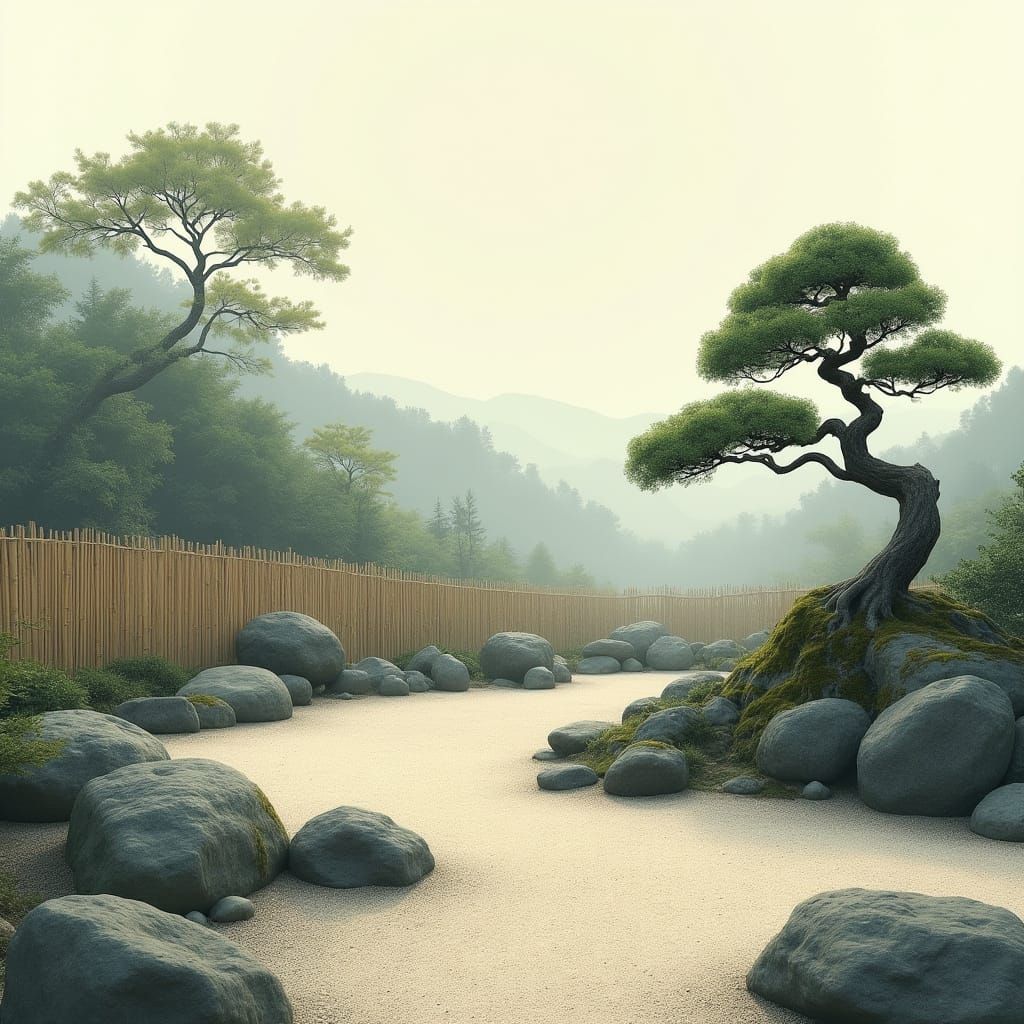 Zen Garden with Bonsai in Ink Wash Style