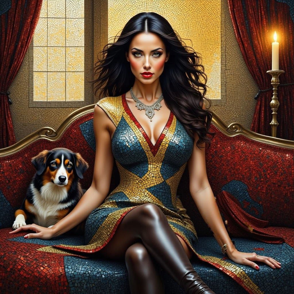 Mosaic Art of Woman and Dog on Sofa