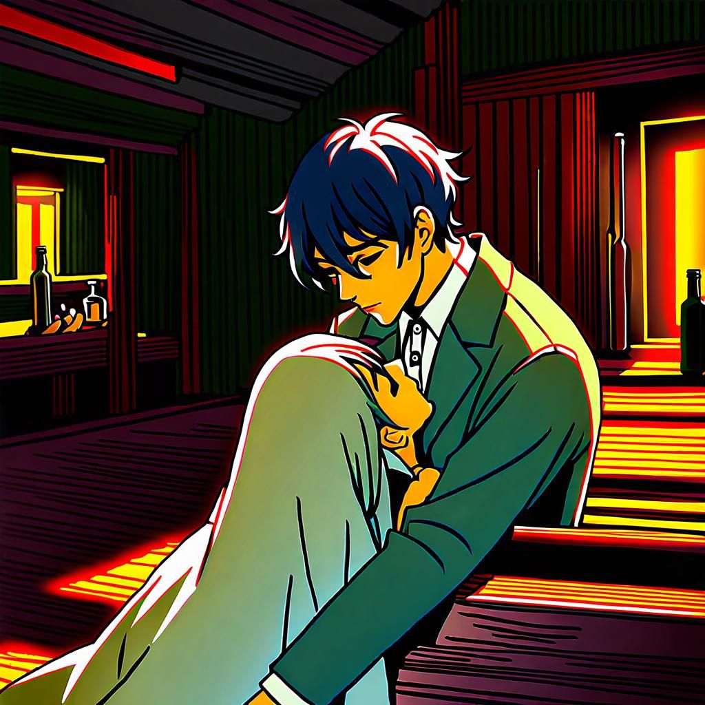 Romantic Scene: Man Comforting Collapsed Man in Cabin