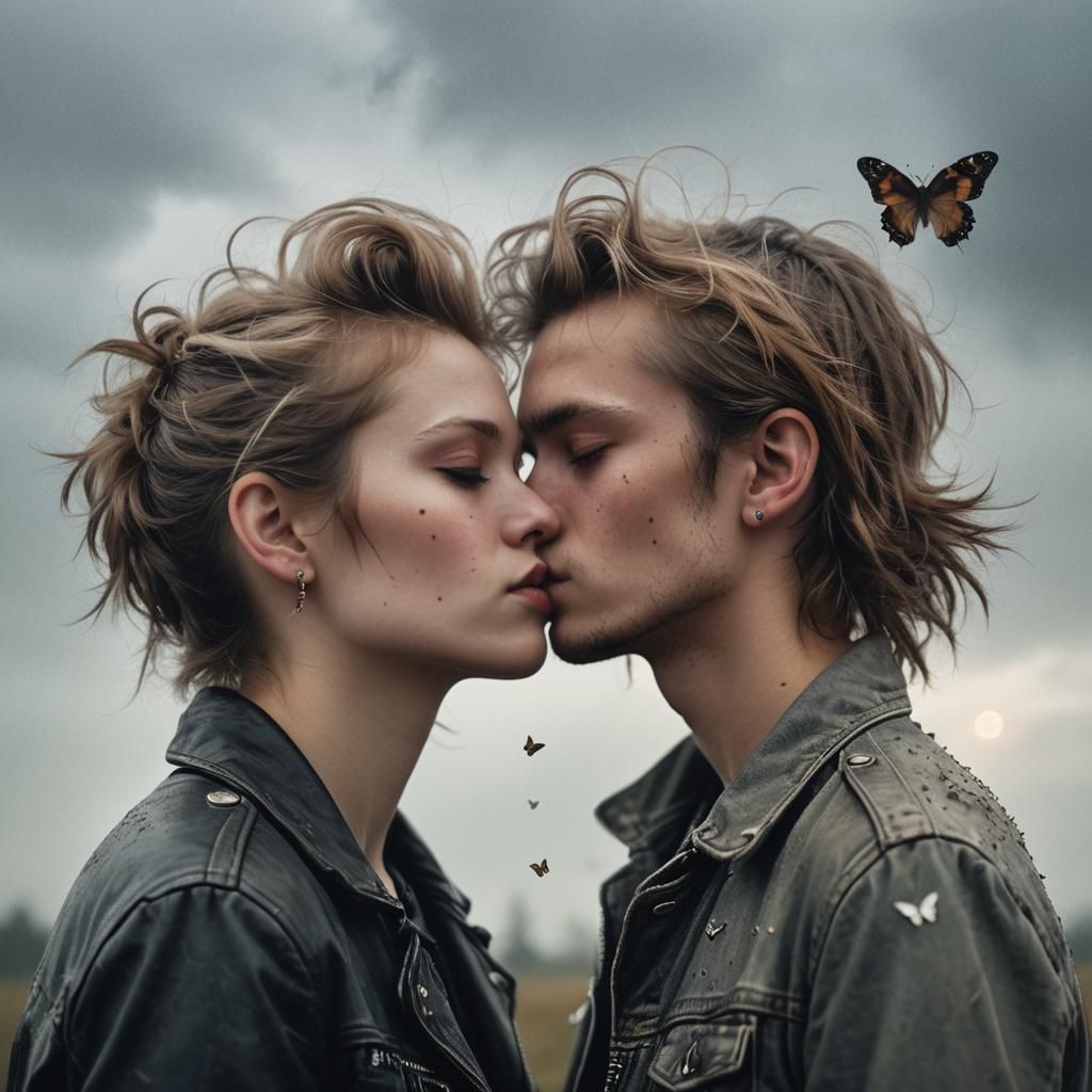 Punk Couple's Tender Kiss: Hyperrealistic Portrait