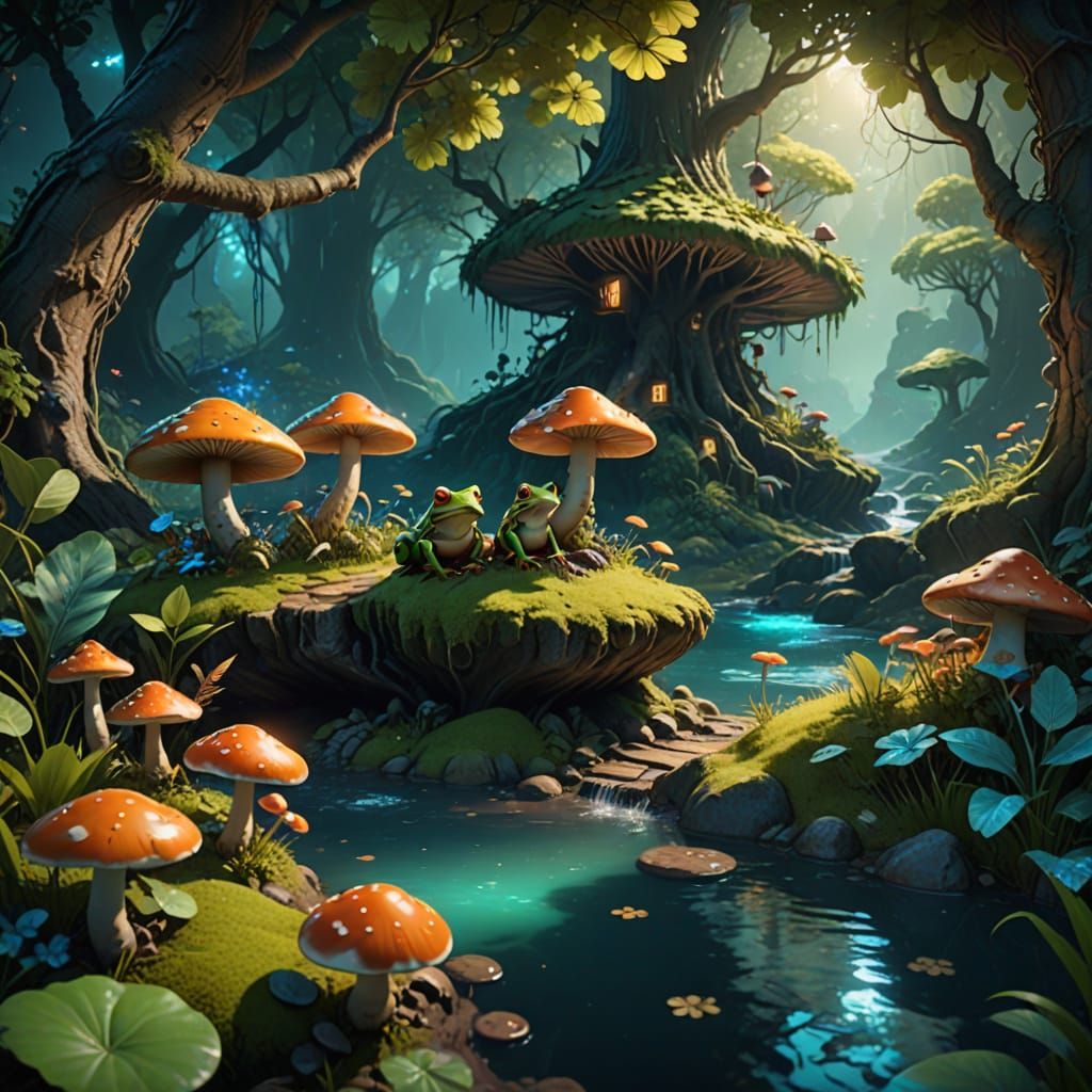 Whimsical Fantasy Frogs Amidst Vibrant Mushrooms and Trees
