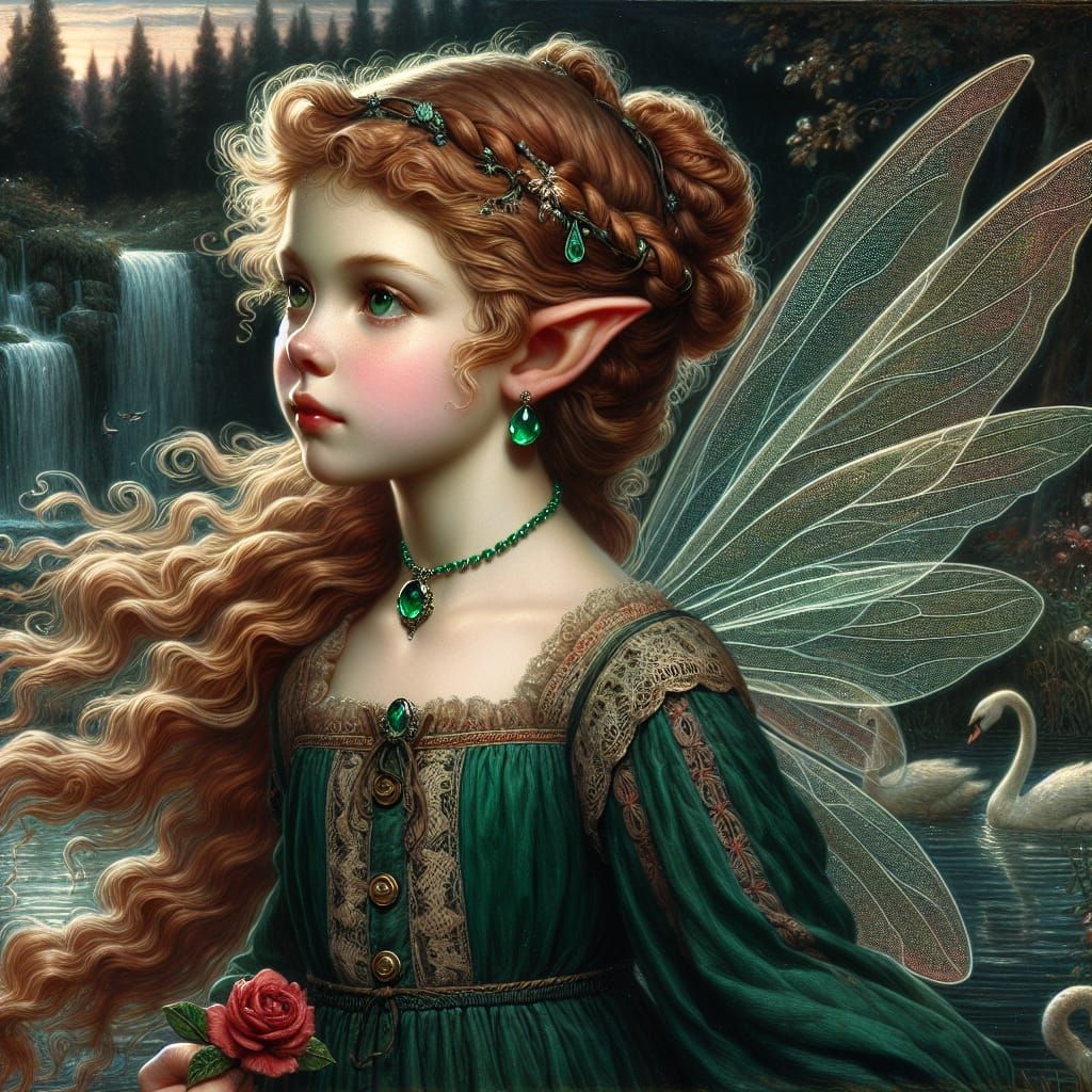 Elven Girl with Rose in Twilight Landscape