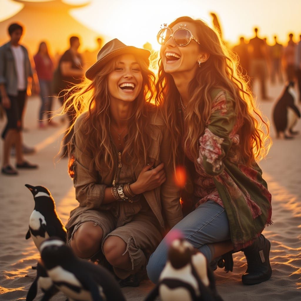 Joyful Women Connect Over Penguins in Bohemian Sunset