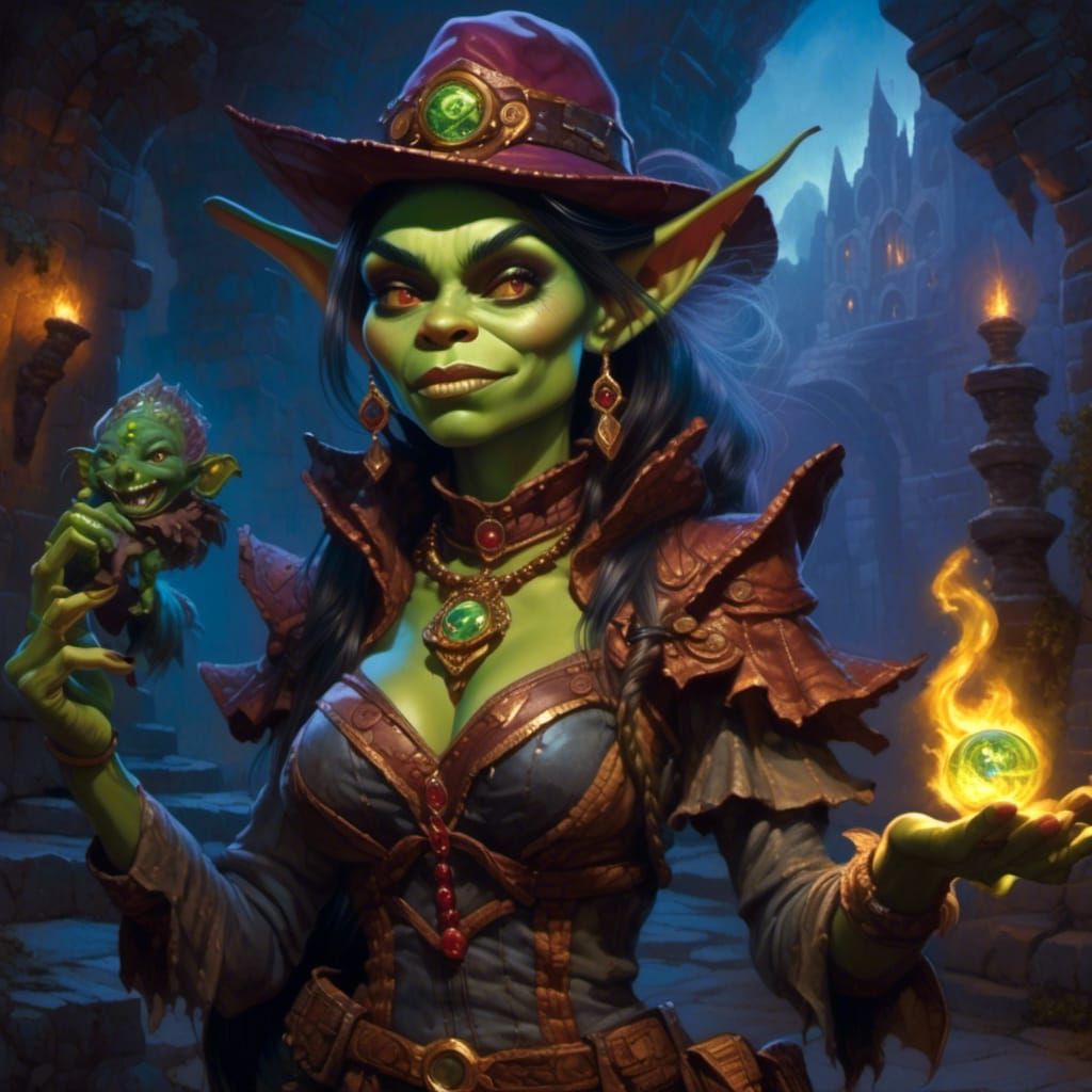 Goblin Sorcerer in Twilight Ruins Oil Painting