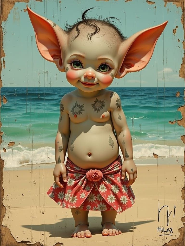 <lora:Asperam Coelo:1.0> in the style of naive art, weathered, wood panel :: smiling goblin with long elf-ears, blue-to-...