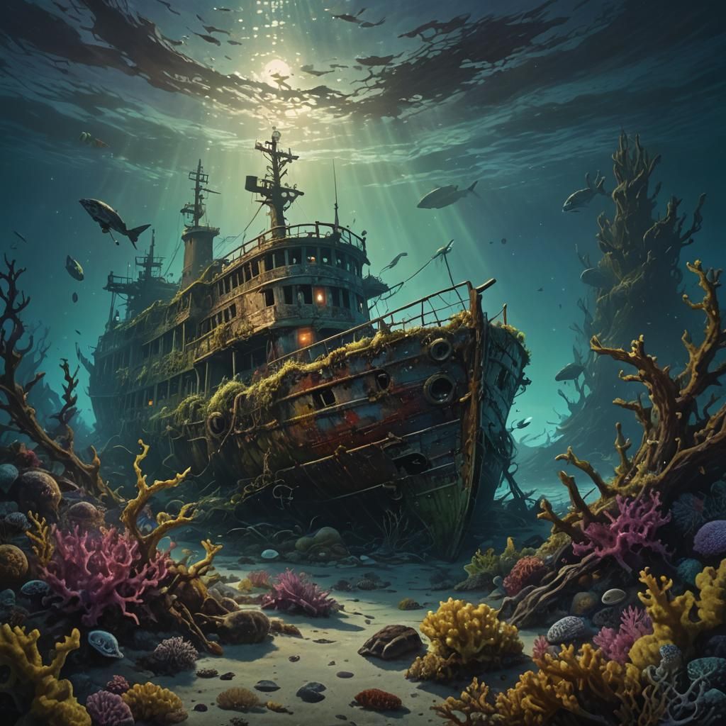 Enchanting Underwater Shipwreck Scene with Aurora