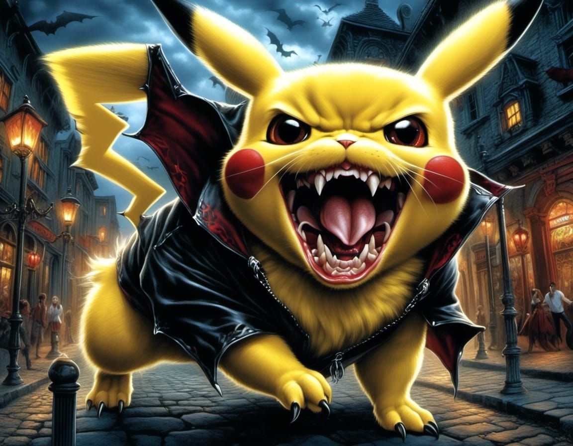 Hyperrealistic Pikachu Vampire Portrait at Night