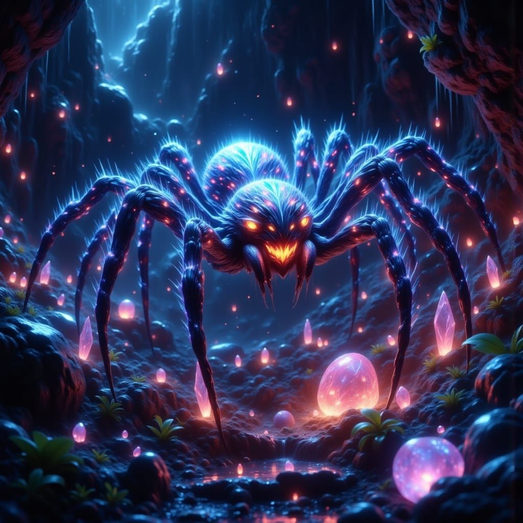 Bioluminescent Spider in a Hidden Cavern, Dreamy Darkness St...