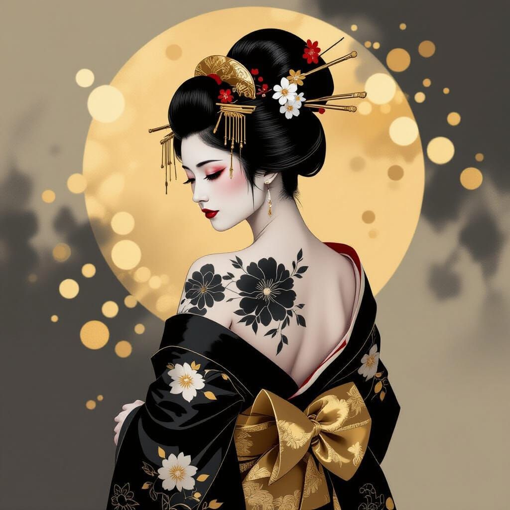 Geisha with Floral Tattoo in Elegant Kimono