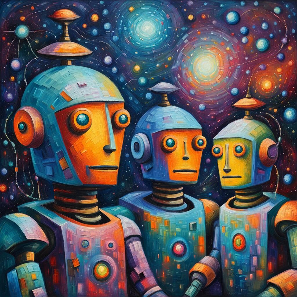 Robots Meditating in Spaceship: Neo-Impressionist Oil Painti...