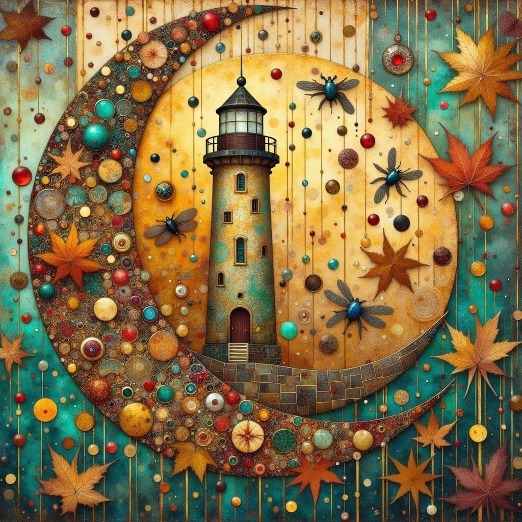 Steampunk Crescent Moon Over Scrapcore Lighthouse