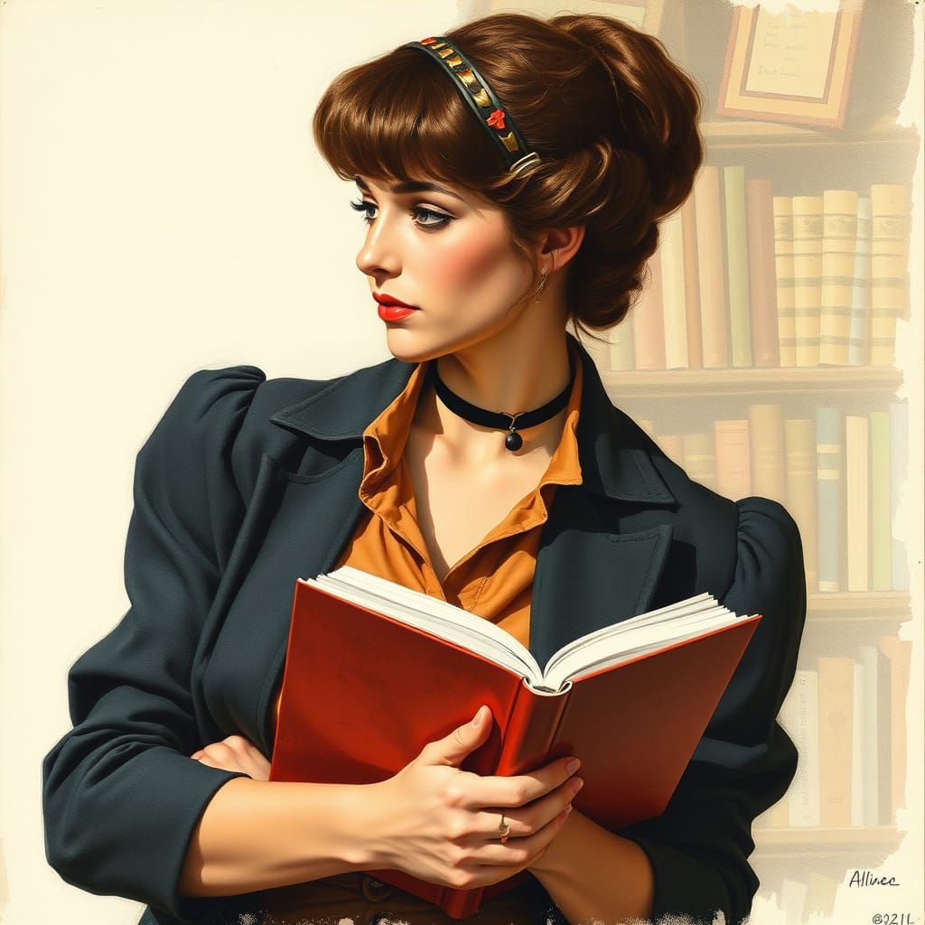 Punk Heroine in Renoir Library as Aquarelle Painting