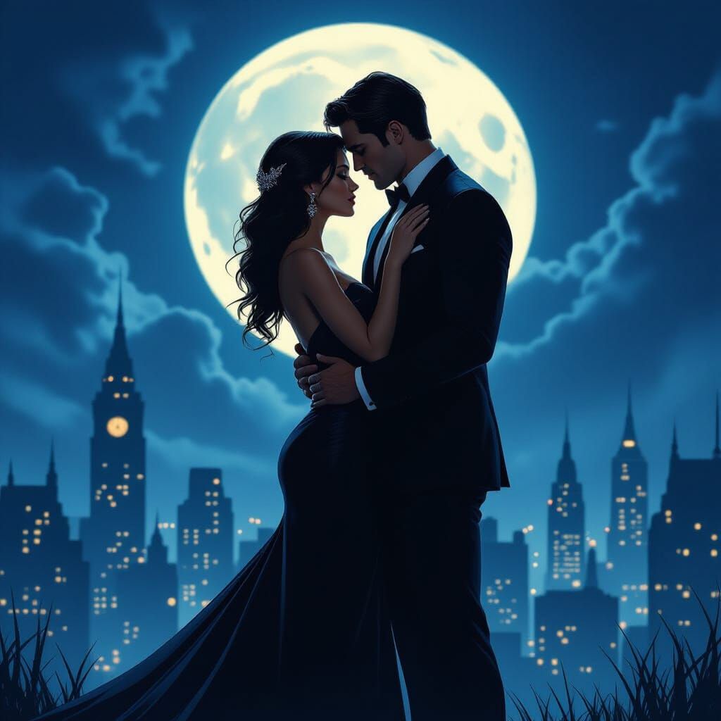 Hero and Villain Embrace in Cyberpunk Cityscape