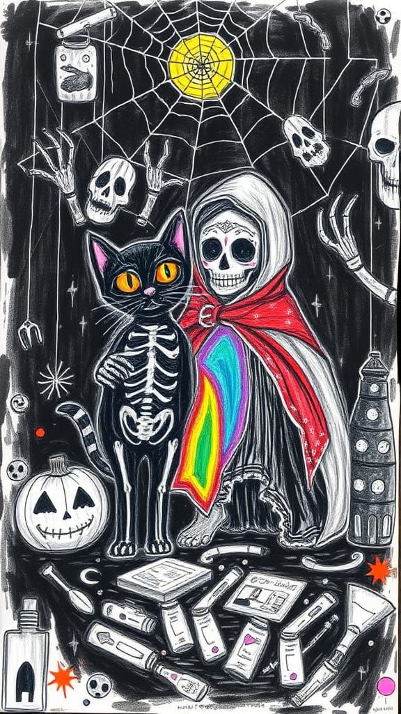 Halloween Black Cat and Santa Muerte Crayon Drawing