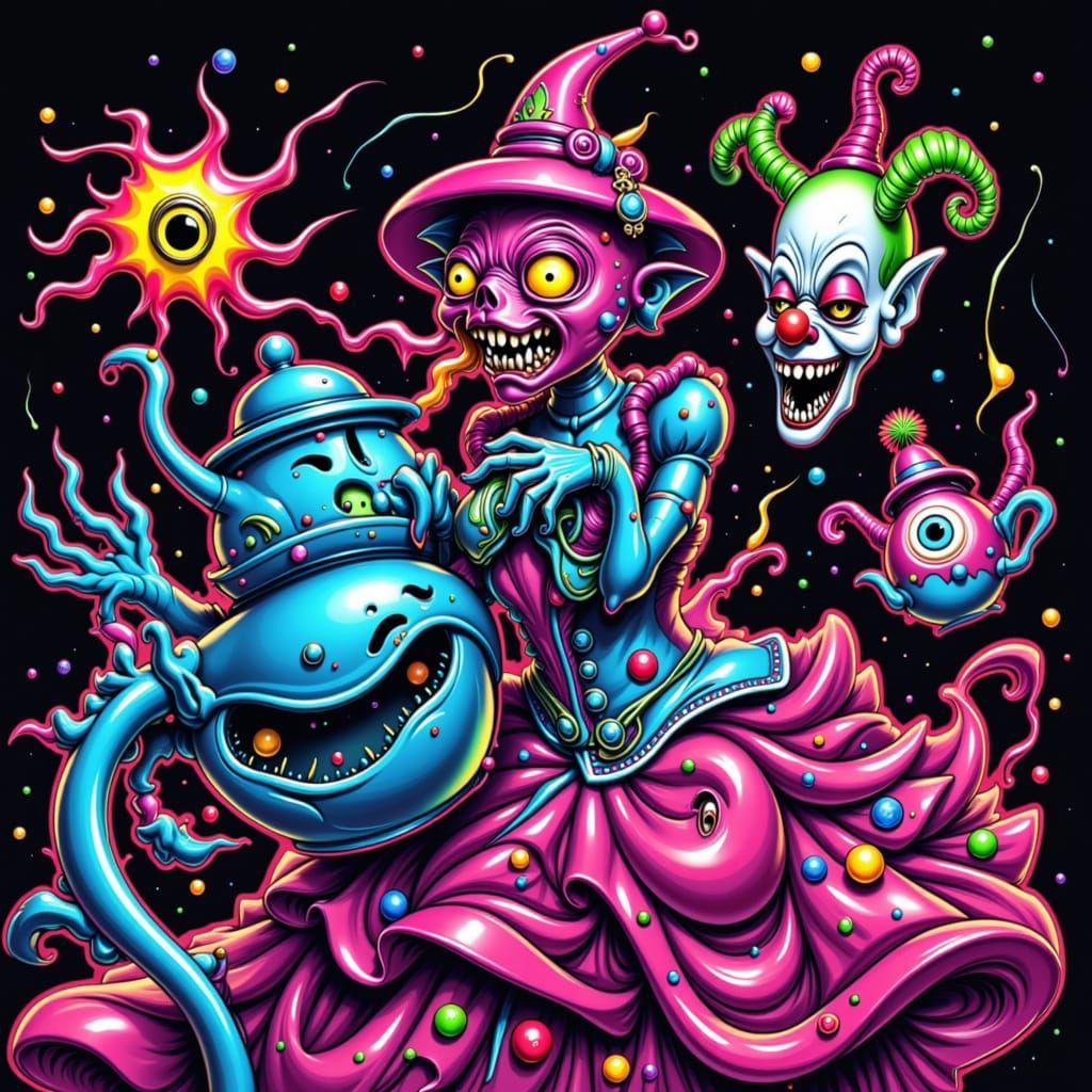 Terrified Teapot Chased by Evil Clown, Digital Art