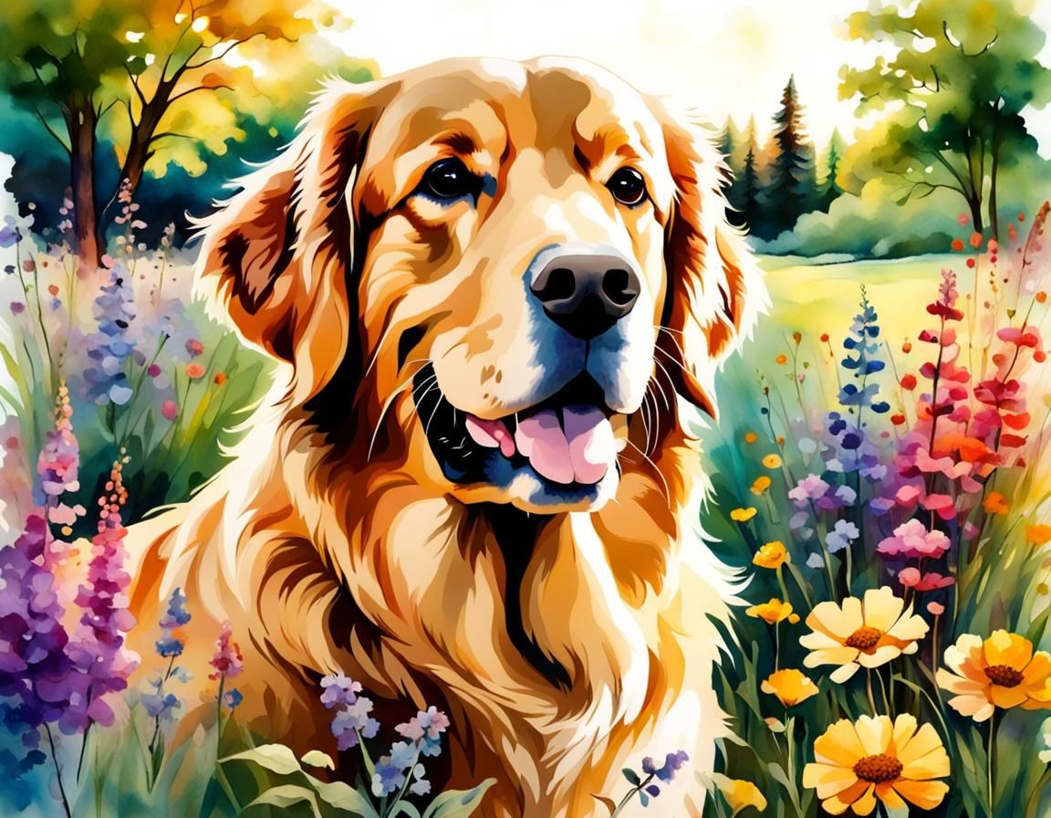 Smiling Golden Retriever in Alcohol Ink Meadow