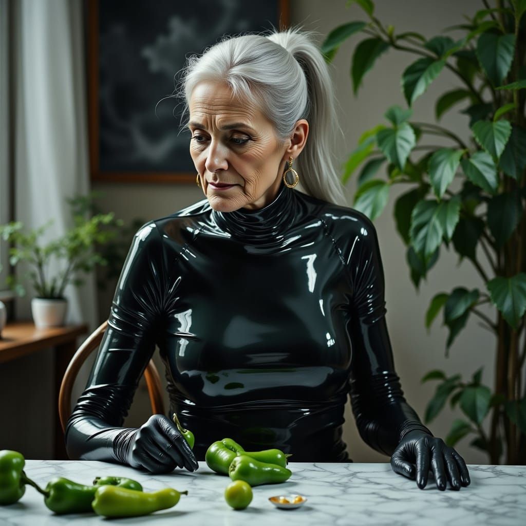 Elegant Elderly Woman Photographs Green Pepper in Studio