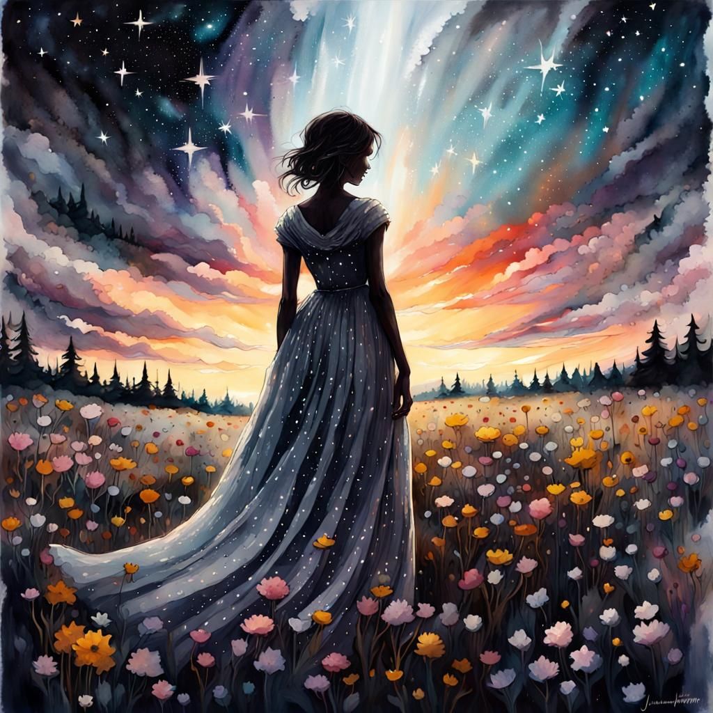 Teenage Girl Silhouette in Starry Flower Field