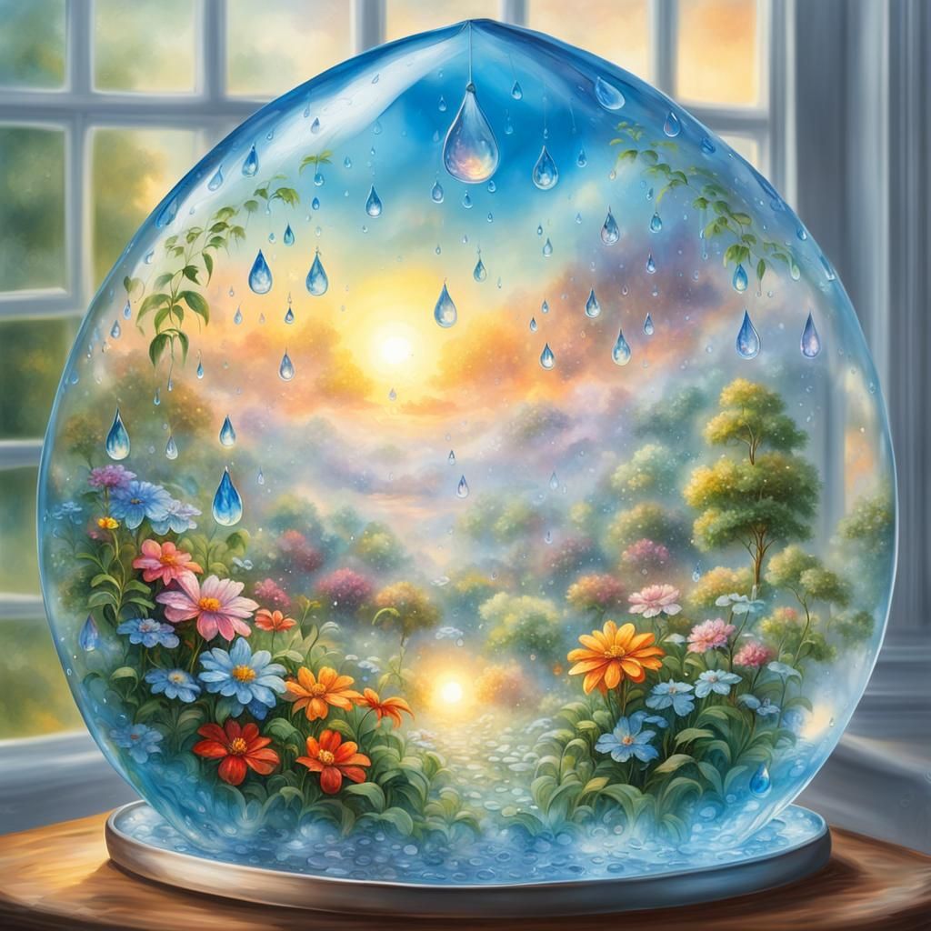 Summer Landscape Sunset Inside a Raindrop