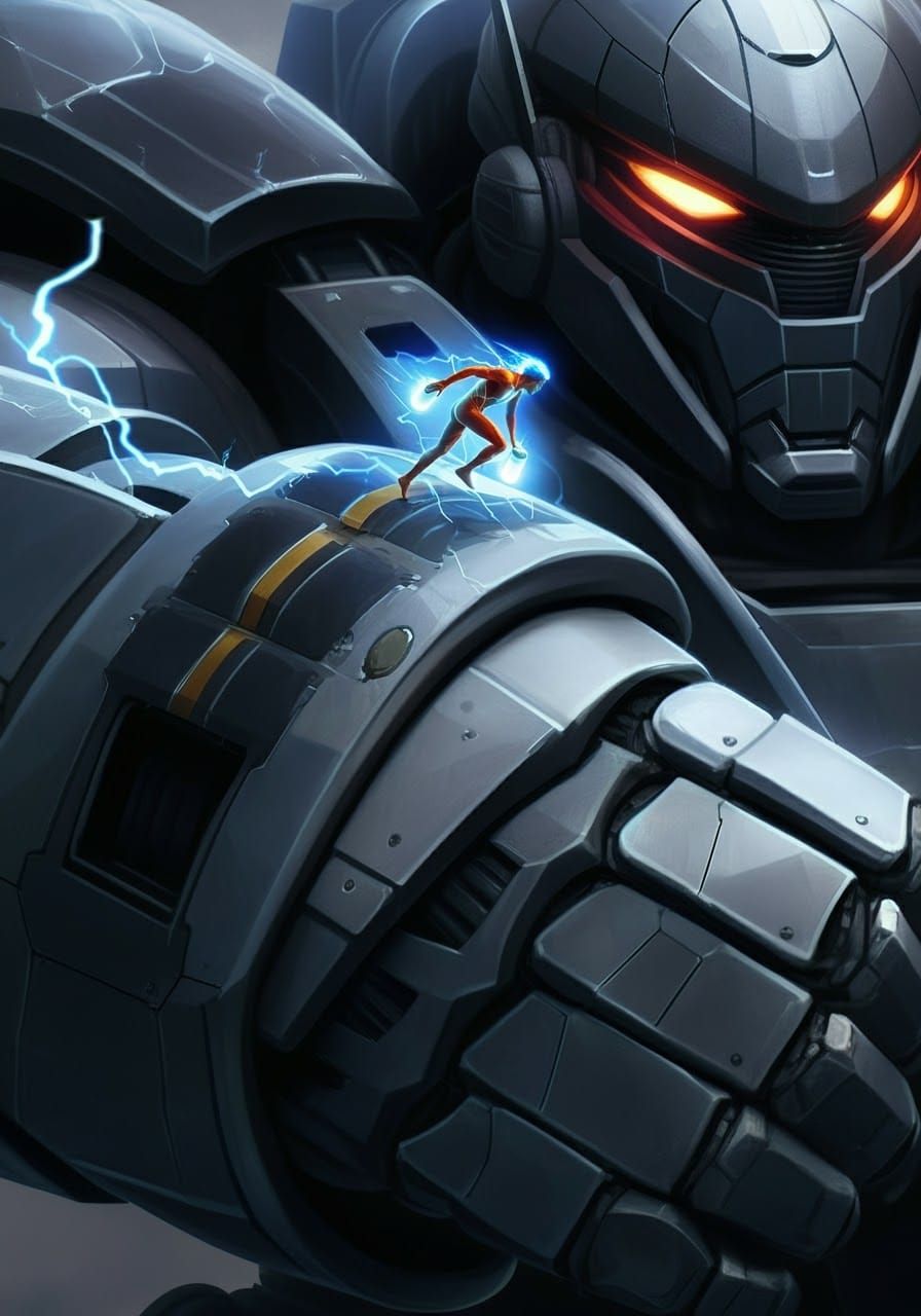 Giant Mech Hand with Speedster, Photorealistic Style