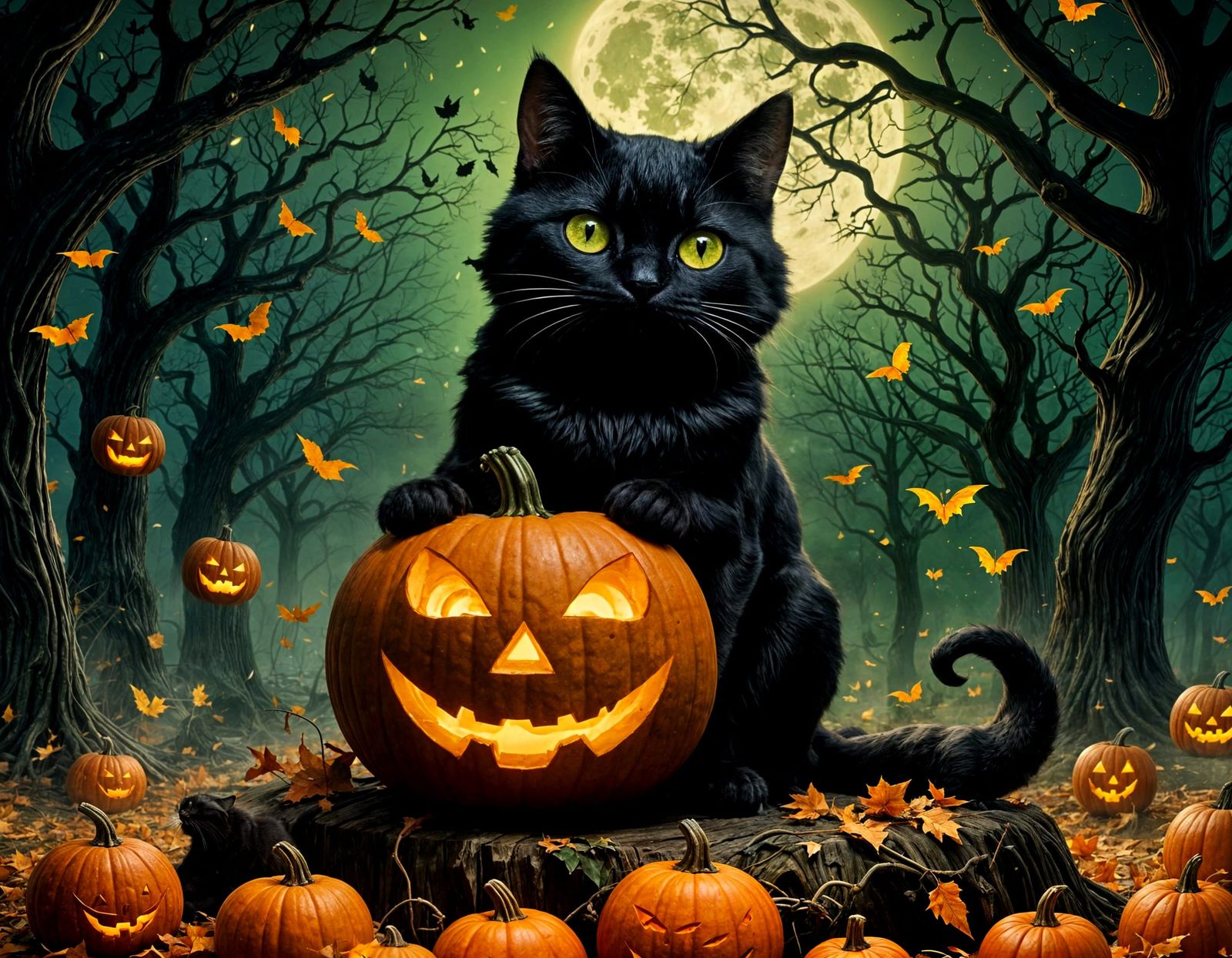 Anime Black Cat on Halloween Pumpkin