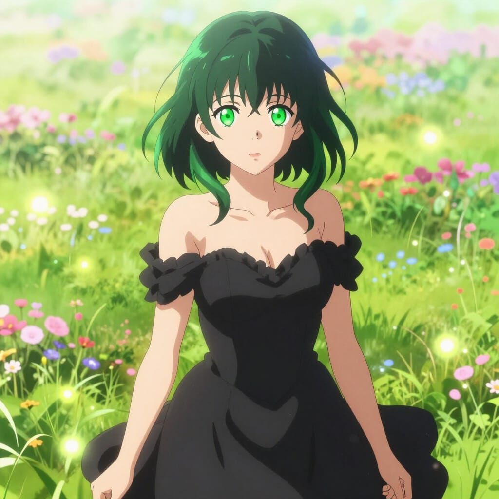 Anime Woman in Colorful Meadow, Dreamlike Lighting