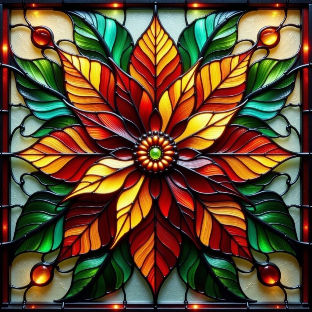 Vibrant Stained Glass Poinsettia Window Art