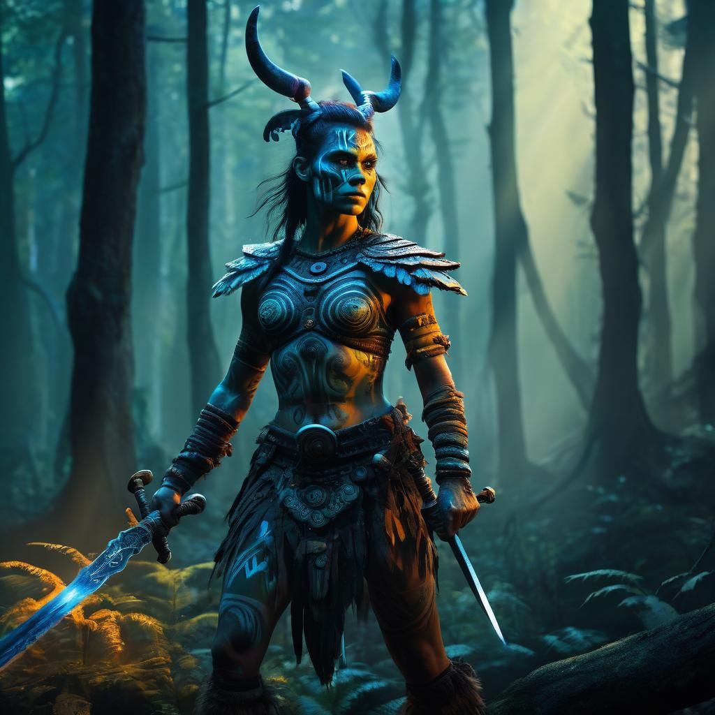 Psychedelic Barbarian Warrior in Mystical Forest