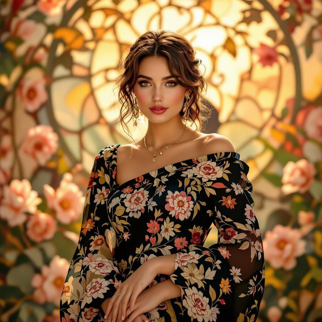 Elegant Woman in Strapless Blouse, Art Nouveau Style