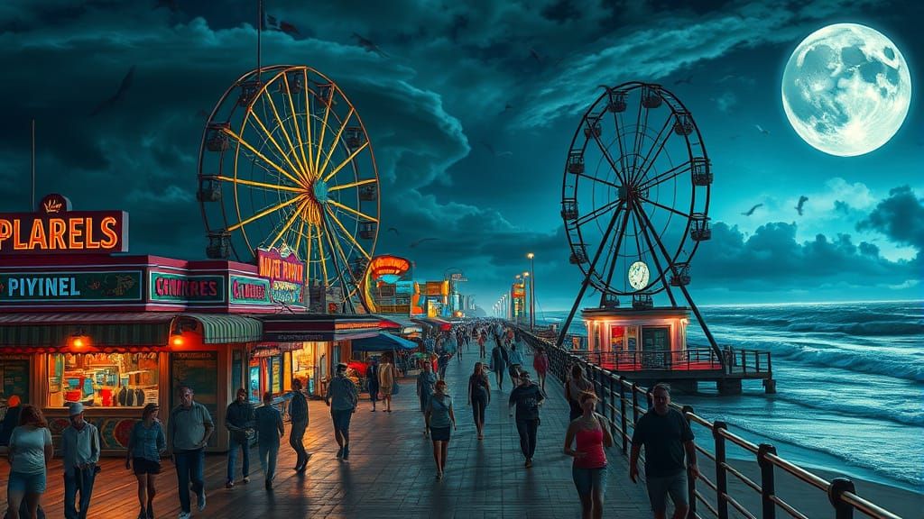 Playful Chaos: Boardwalk at Night in Fantasy Style