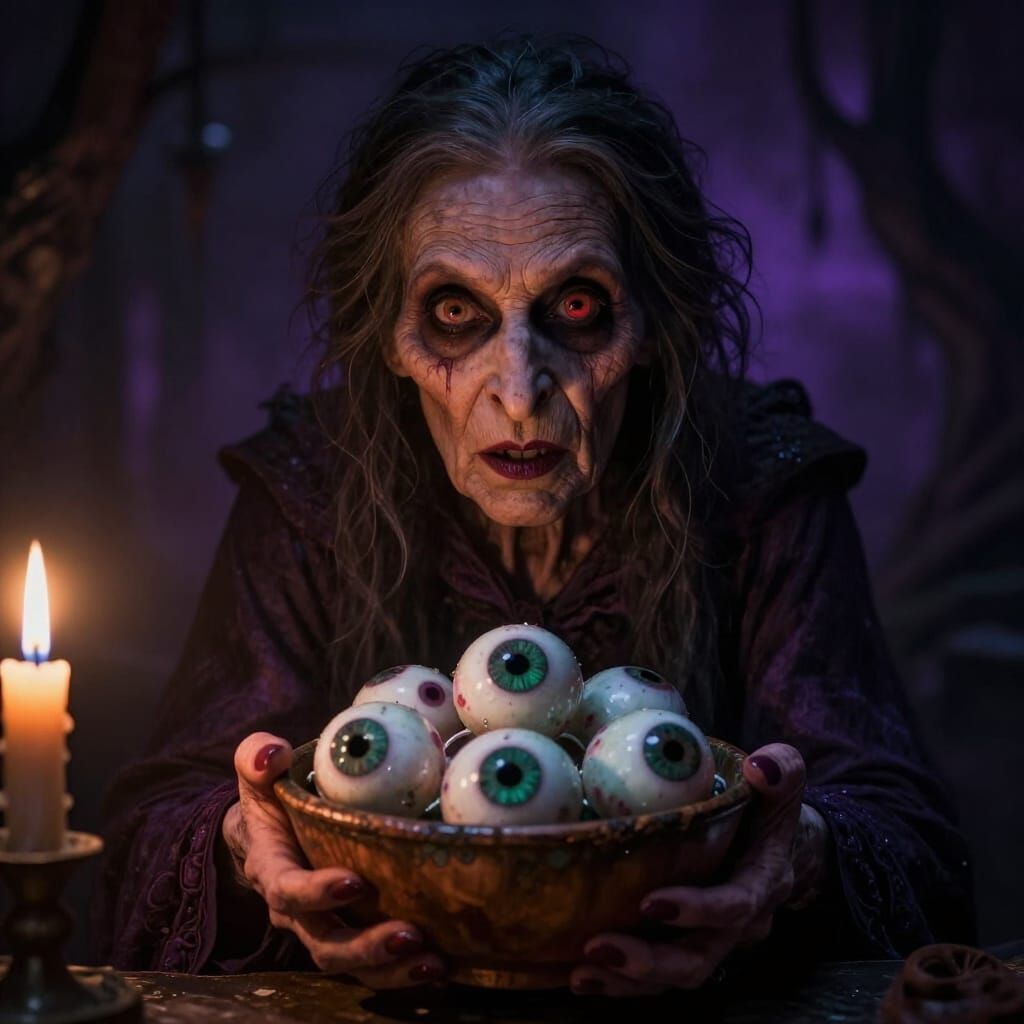 Witch Offers Bowl of Lifelike Eyeballs in Dark Fantasy Style