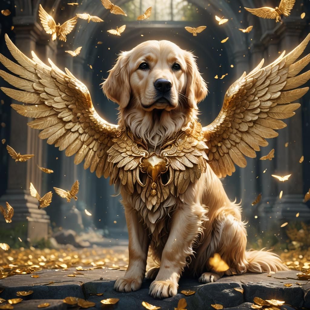 Golden Retriever with Angel Wings: Detailed Matte Painting