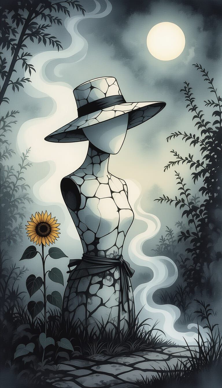 Surreal Ink Painting of Cracked Porcelain Hat on Mannequin
