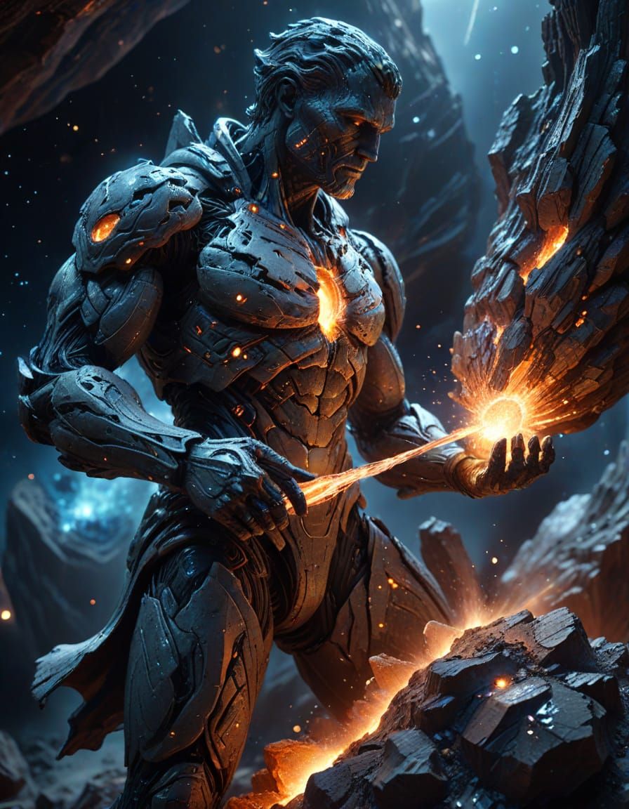 Sculptor Carving Asteroid Statue in Ethereal Nebula