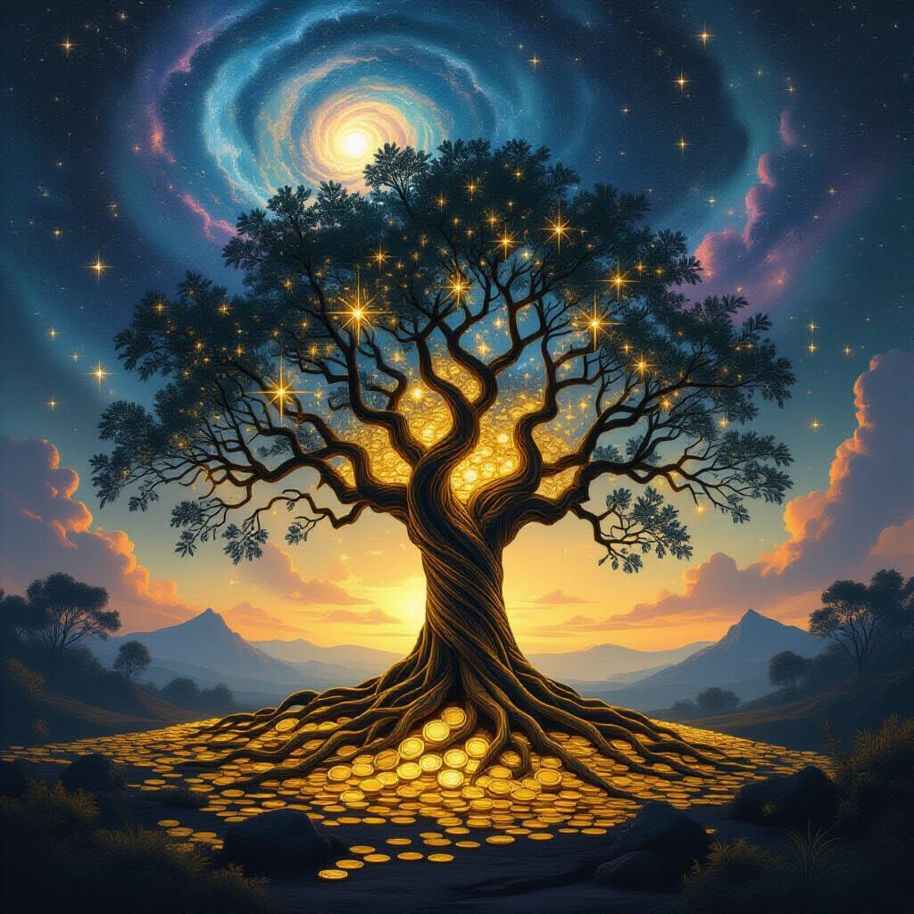 Ancient Gold Tree with Celestial Flora in Cosmic Art Style