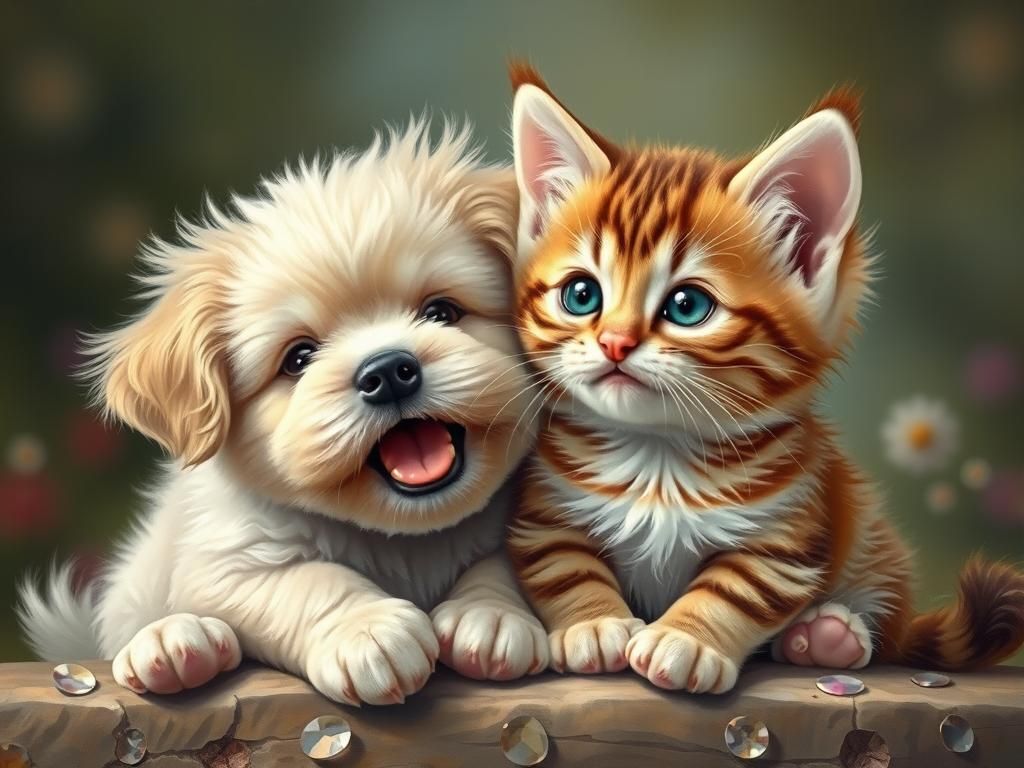 Cute Puppy and Kitten Together in Hyperrealism