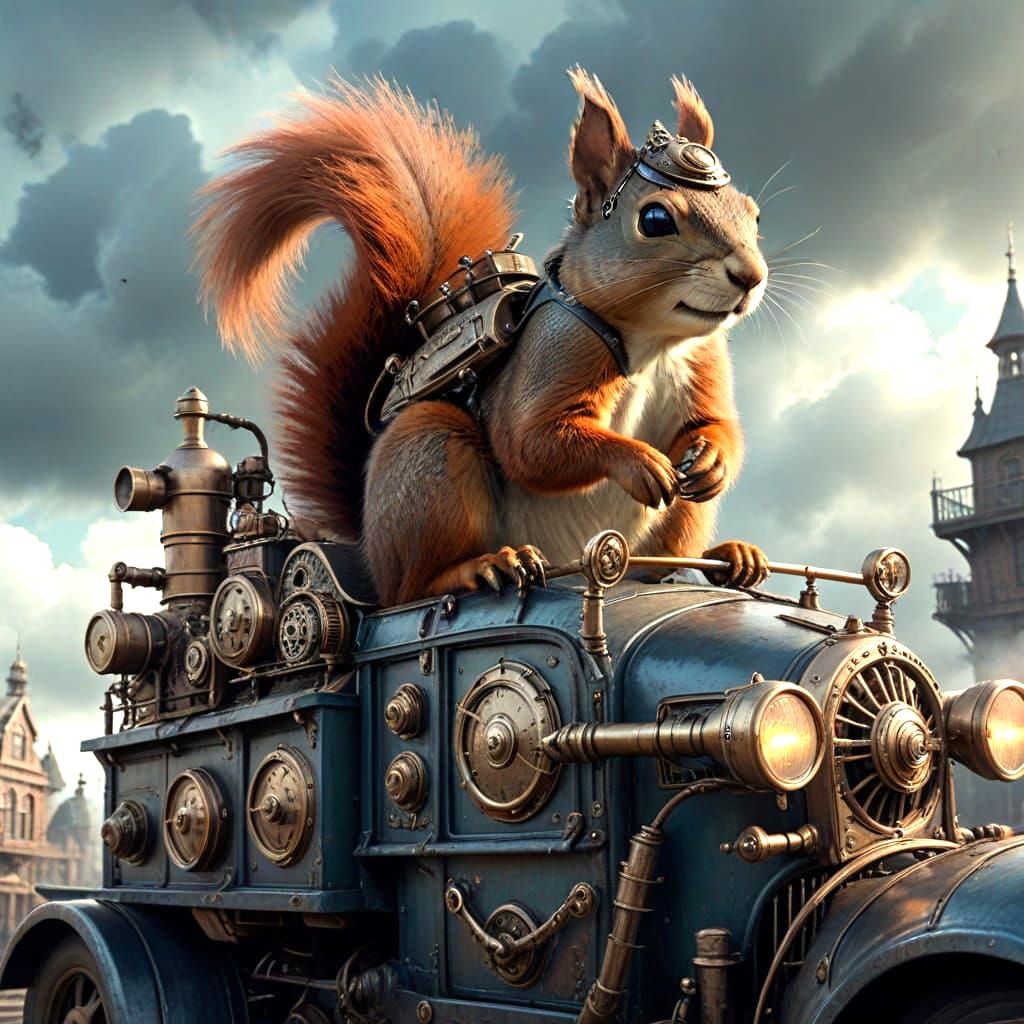 Steampunk Squirrel in a Vintage Truck