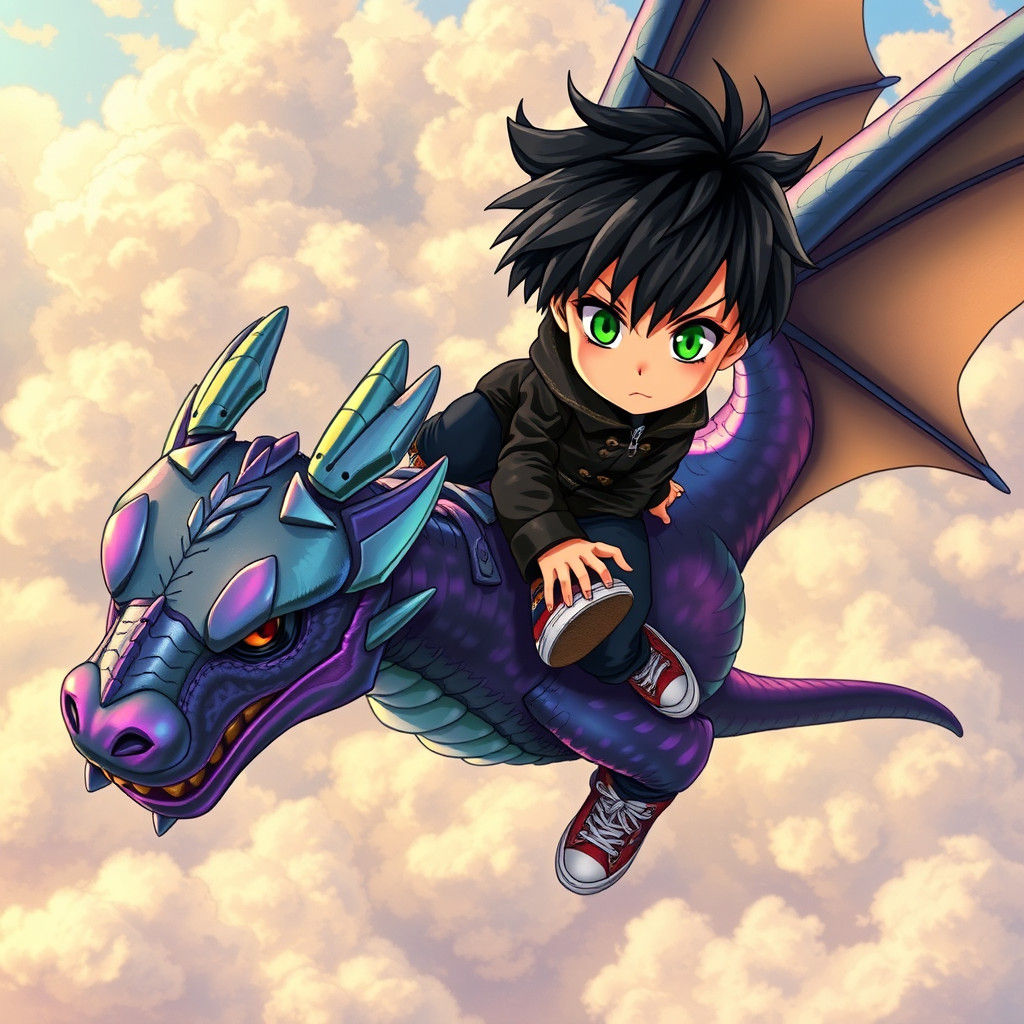 Boy and Dragon Soar in Anime-Inspired Sky