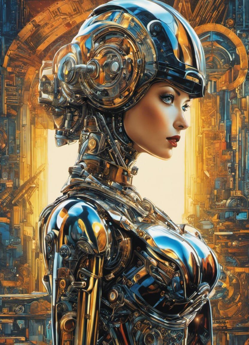 Chrome Robot Pin-Up in Retro-Futuristic Collage
