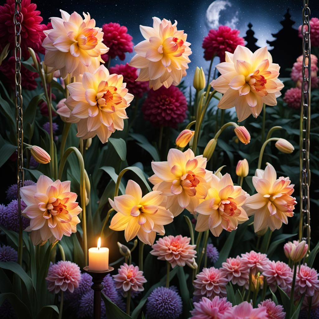 Night Garden with Golden Candlesticks in Graffiti Art