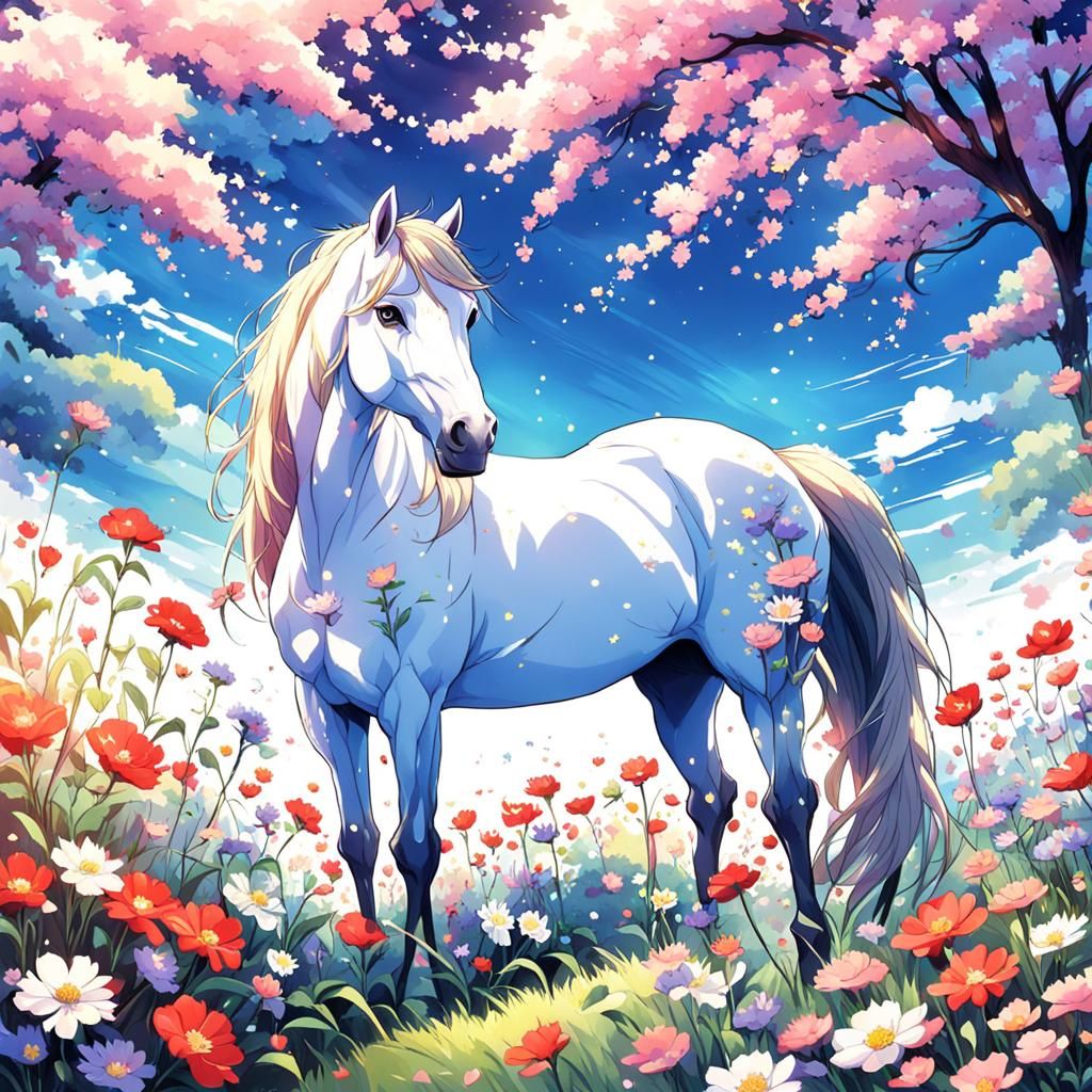 Horse in Flower Meadow: Anime Style