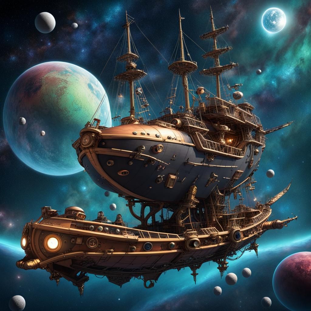 Space Pirate on Spaceship Floating in Cosmos
