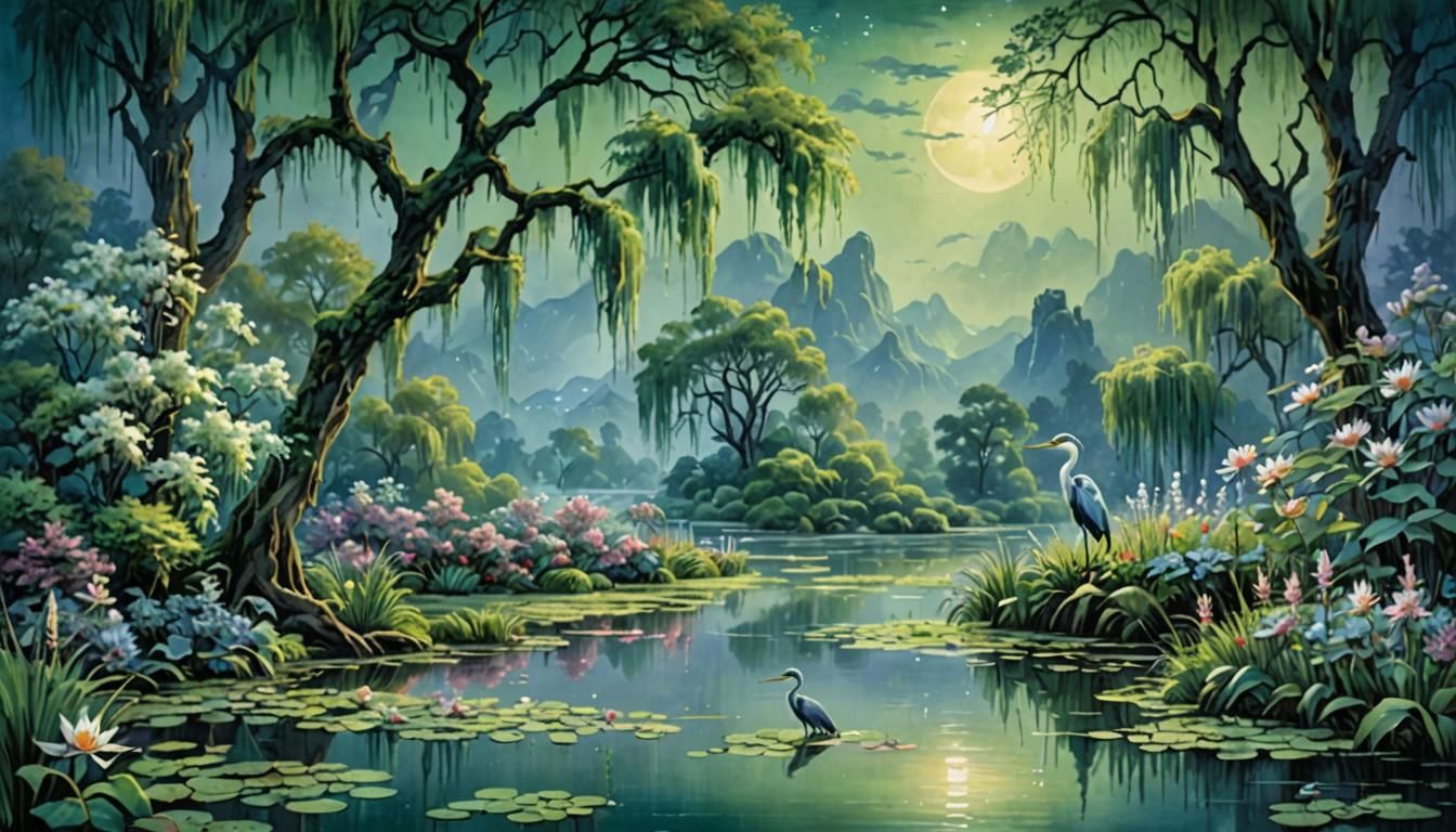 Ethereal Swamp Landscape in Watercolor Style