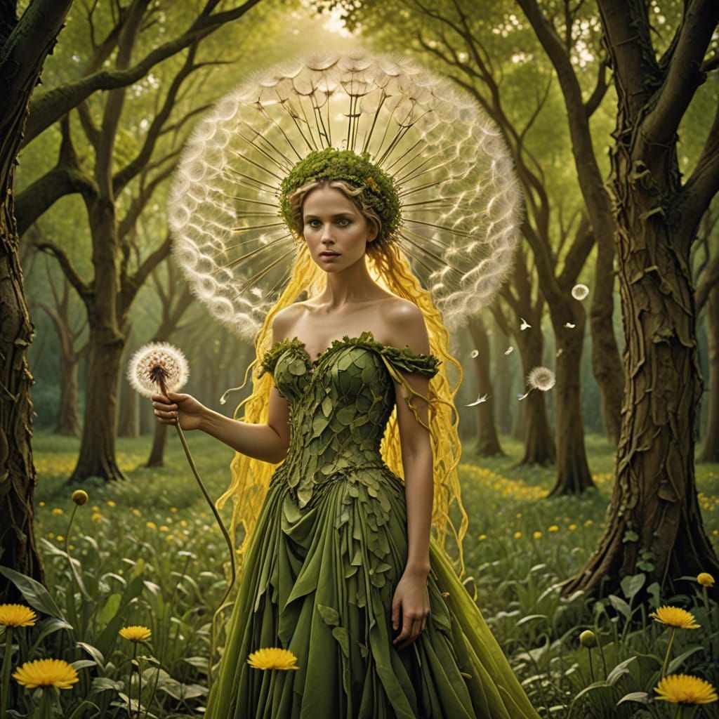 Radiant Dandelion Woman in Emerald Meadow