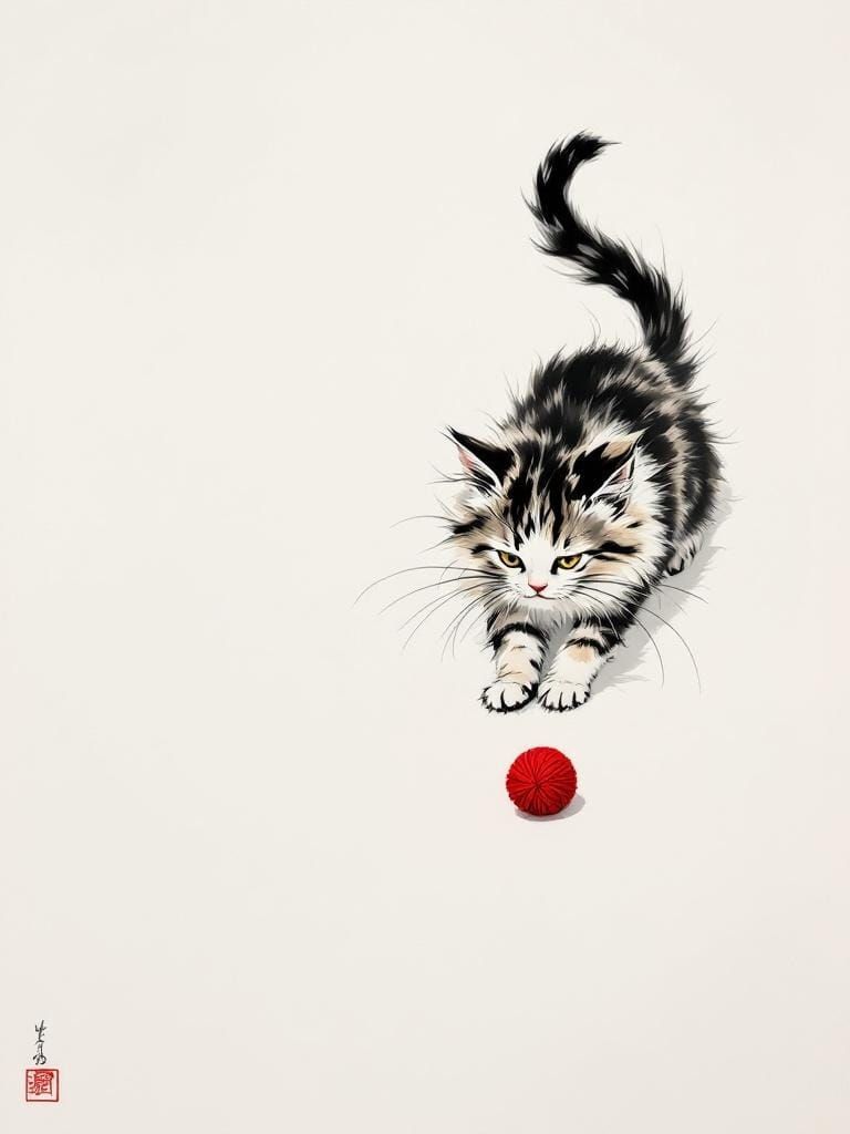 Tabby Kitten Ready to Pounce, in Japanese Ink Style